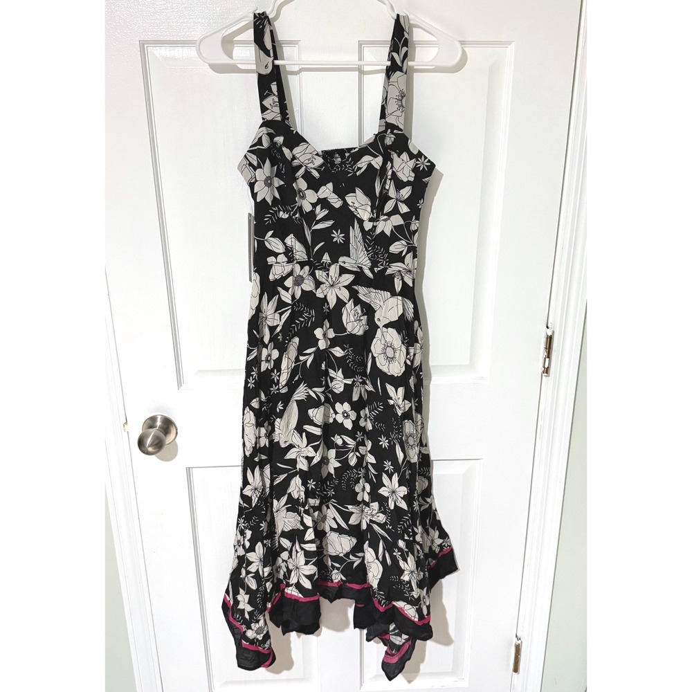 Anthropologie Black White Floral Hummingbird Handkerchief Hem Midi Dress Size 4